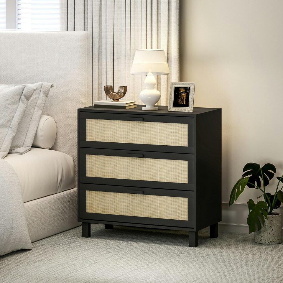 image 1 of HOMCOM 3 Drawer Cabinet Storage Cupboard Sideboard Organiser, Black Black | Nature Wood Finish