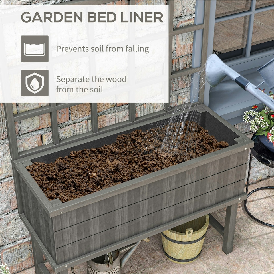 image 1 of Outsunny Wood Raised Planter w/ Trellis Drain Holes Elevated Garden Bed Grey