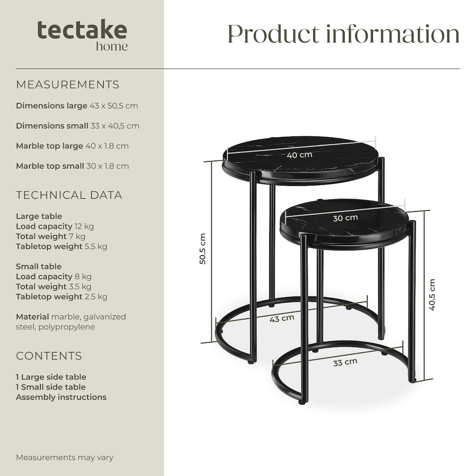 image 1 of Side Table Ellsa - marble top, steel frame, elegant design - Set of 2 Black