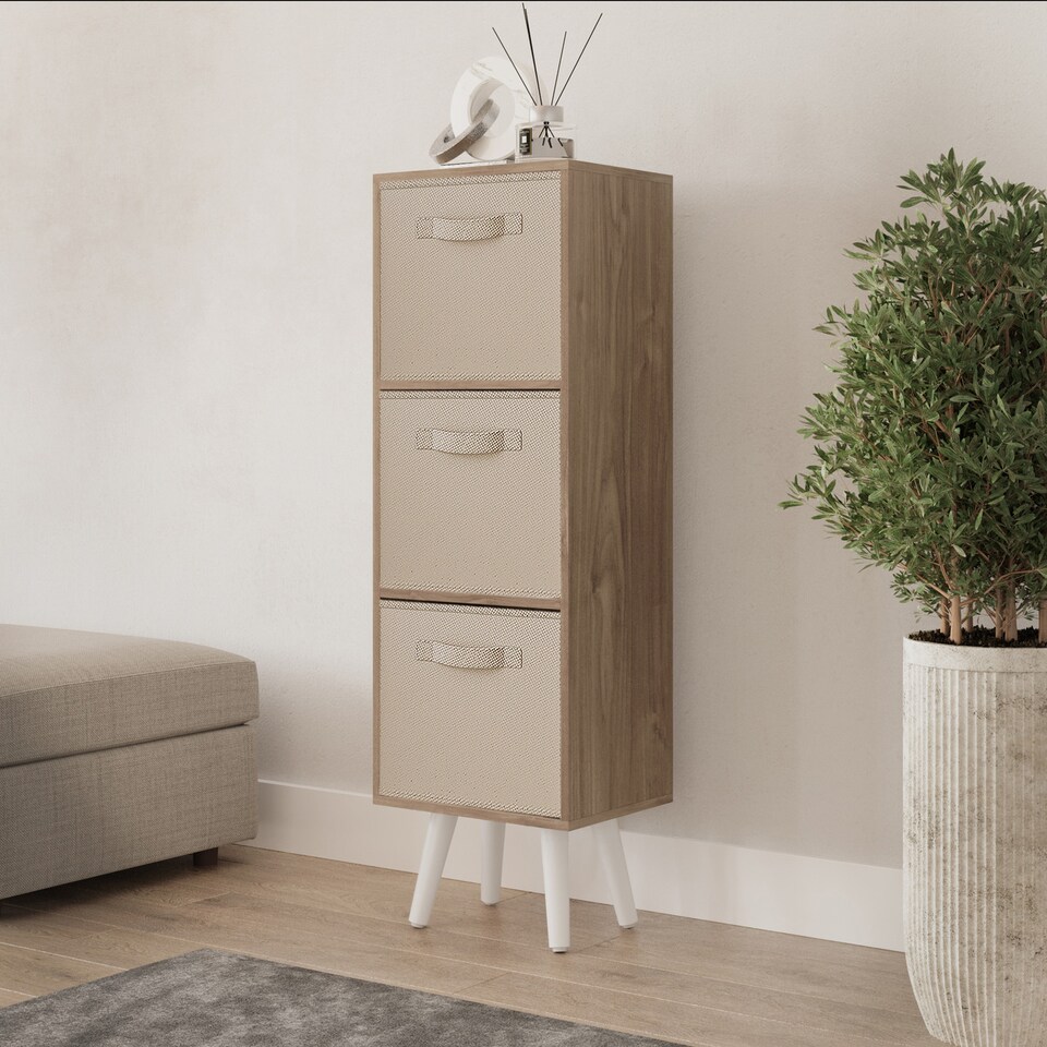 image 1 of Oak 3-Tier 3-Drawer Cube Shelving Unit with Scandinavian Legs | Cream | Beige & White | 1
