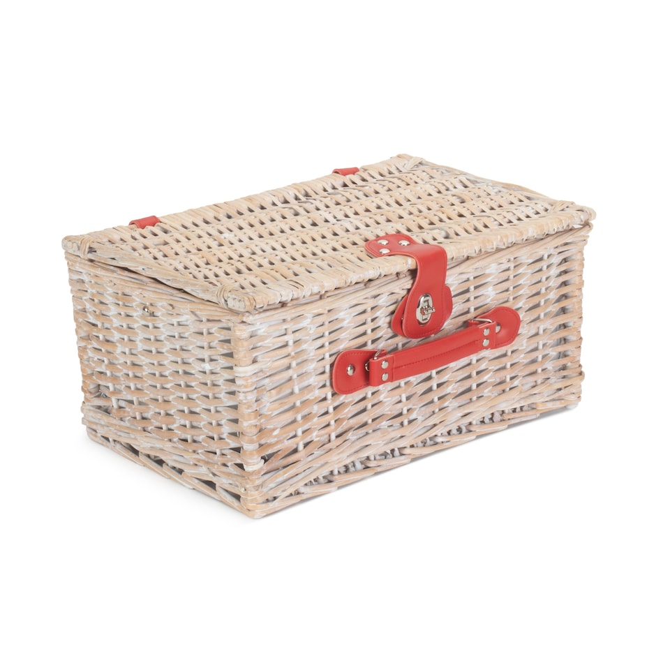 image 1 of Red and White Gingham 2 Person Fitted Wicker Picnic Basket
