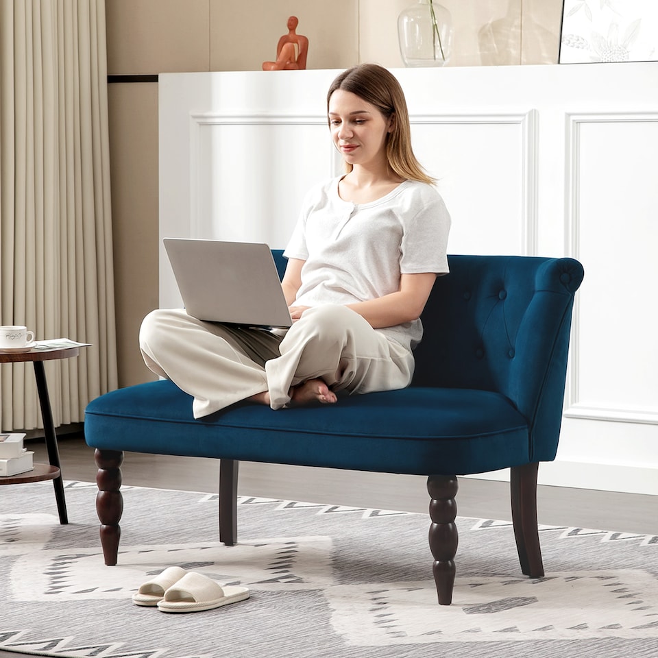 image 1 of HOMCOM Velvet 2 Seater Sofa, Button Tufted Wingback Loveseat with Rubber Wood Legs for Living Room, Bedroom, Dark Blue | Blue | Two Seater