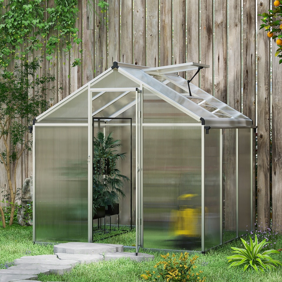image 1 of Outsunny 6x6ft Aluminium Greenhouse with/ Door Window Galvanised Base PC Panel | Clear