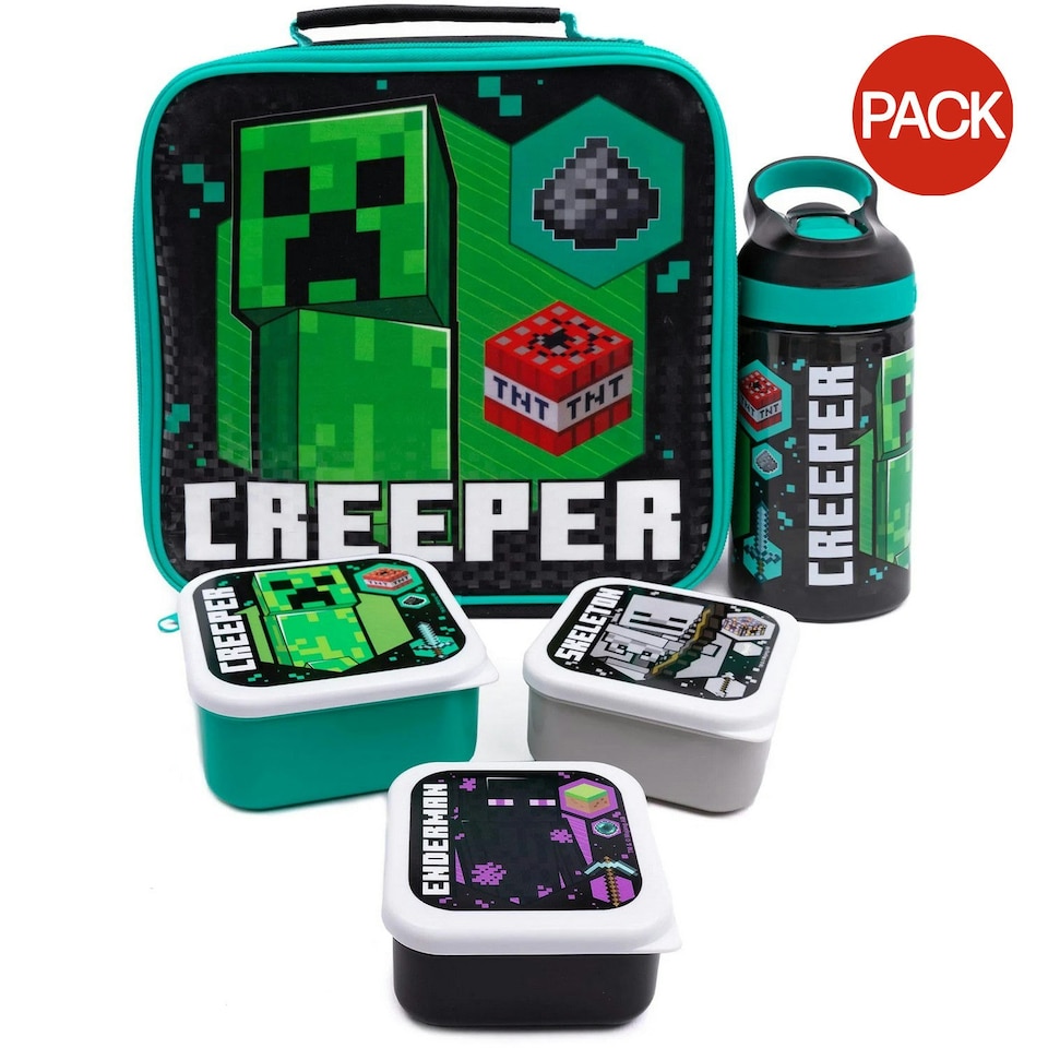 image 1 of Minecraft Creeper Lunch Bag And Bottle (Pack Of 5) - Black/Green/White - One Size