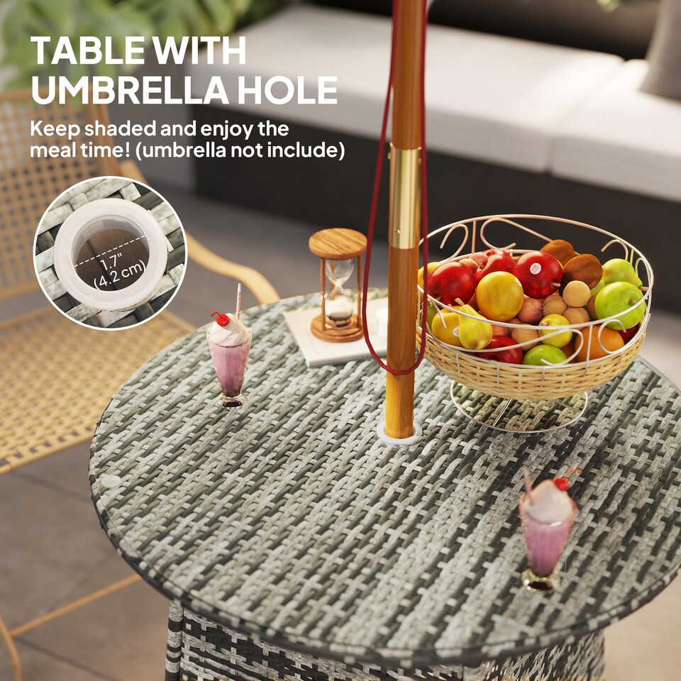image 1 of Outsunny Patio Furniture Rattan Garden Table with Umbrella Hole, Grey