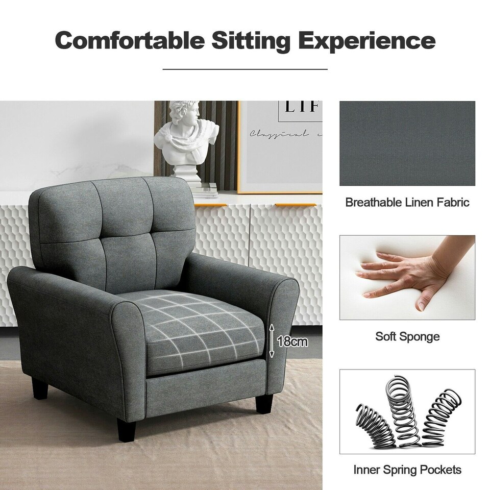 image 1 of COSTWAY Tufted Upholstered Living Room Sofa Reading Armchair Grey