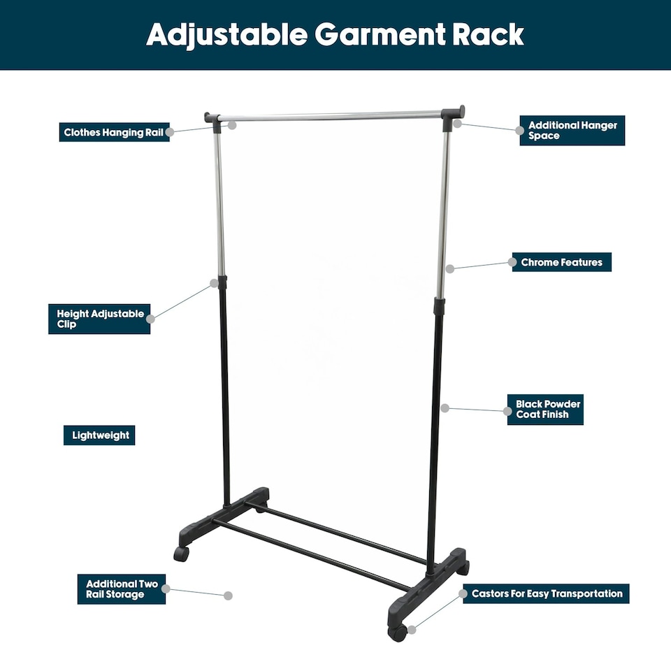 image 1 of JVL Adjustable Garment Rack Clothing Rail with Wheels