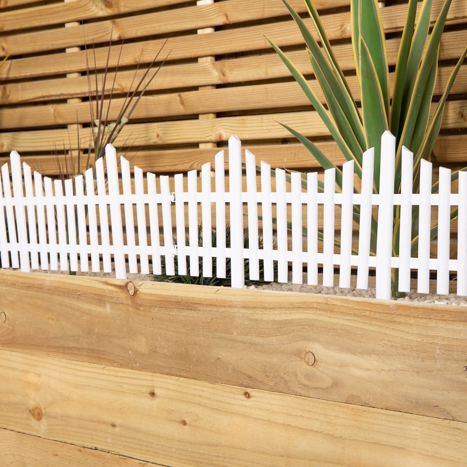 image 1 of 33cm 4 Piece Set White Wood Effect Picket Fence Garden Edging | White | White | 4