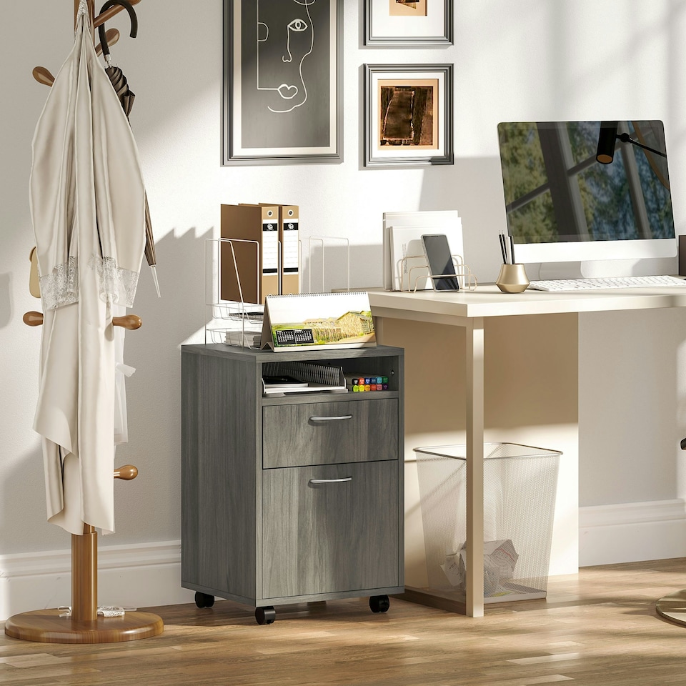 image 1 of HOMCOM 60cm Filing Cabinet with Drawers and Open Shelf, Grey