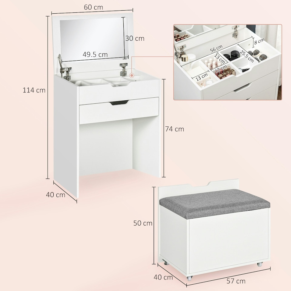 image 1 of HOMCOM Dressing Table with Flip-up Mirror and Storage Stool, Vanity Table with Drawer and Hidden Compartments for Bedroom, Living Room, White