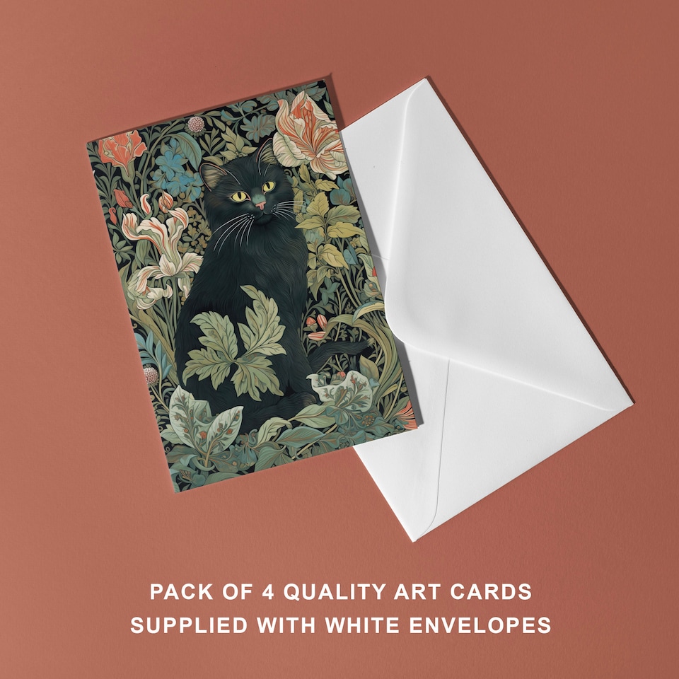 image 1 of Black Cat Botanical Art Cards Pack of 4 William Morris Style Greeting Cards