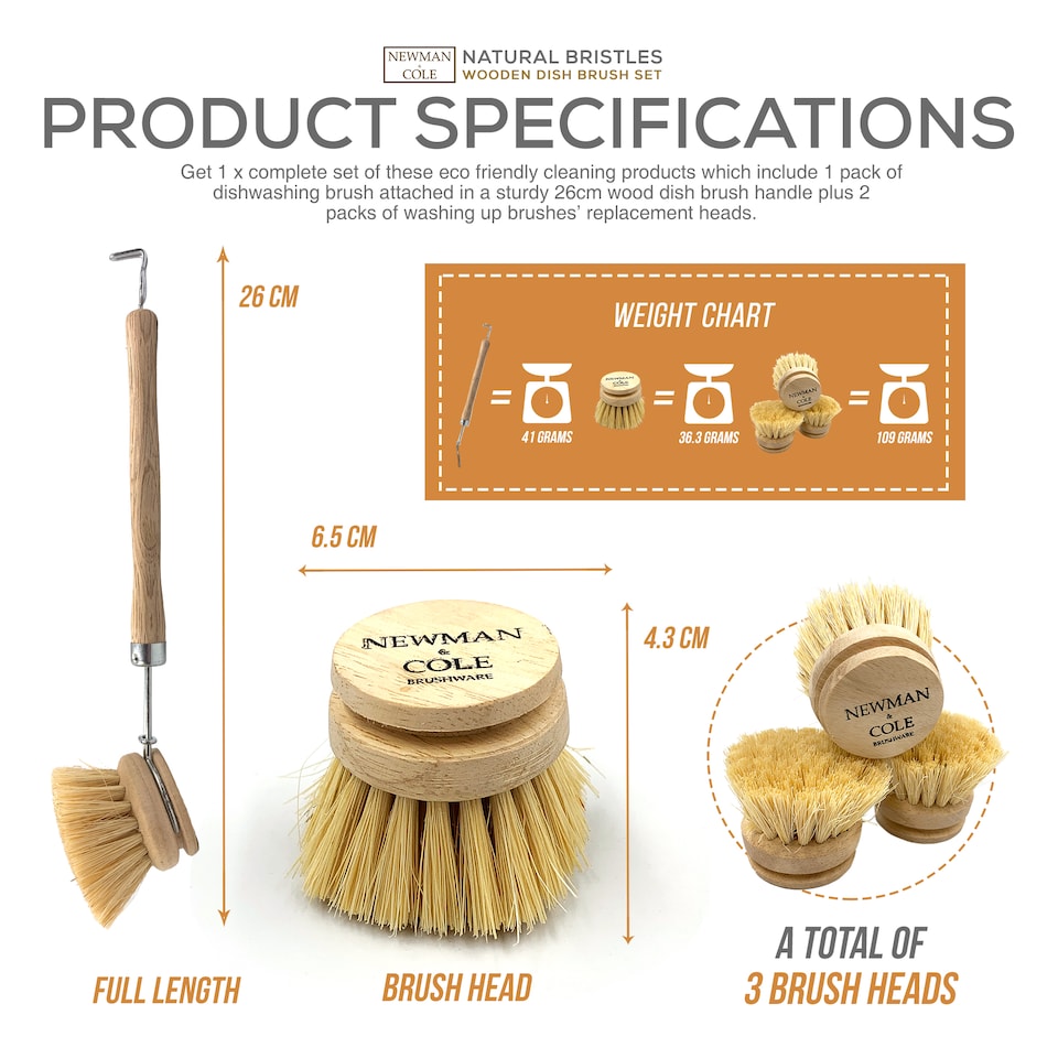 image 1 of Wooden Dish Brush Set with Natural Bristles and Replacement Heads