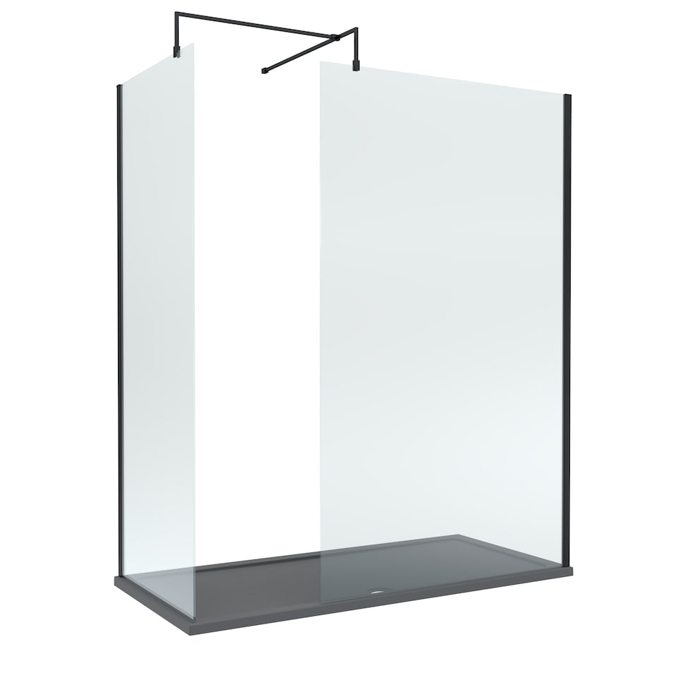 8mm Glass Wetroom Screens Black and Slate Grey Tray 1700 x 800mm | Black | Matt Black
