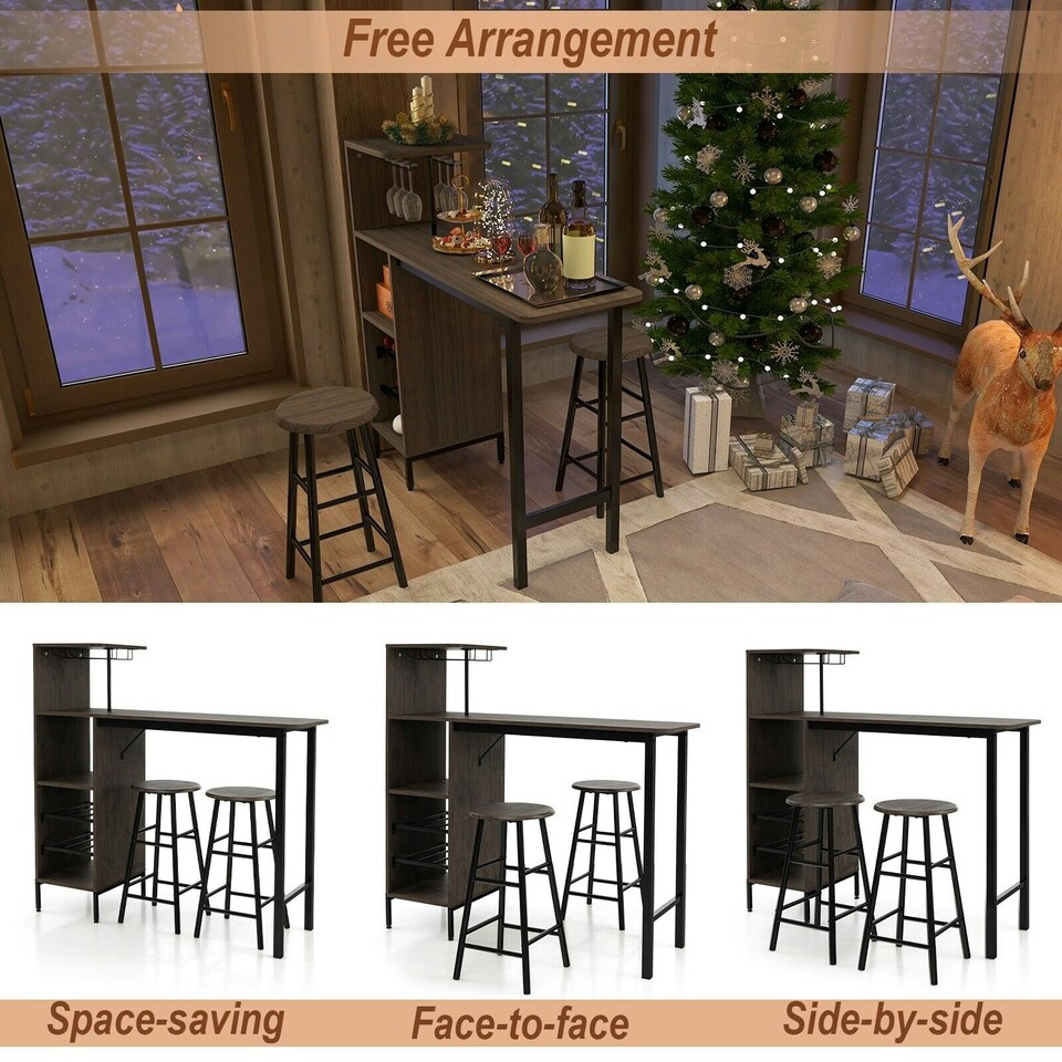 image 1 of COSTWAY 3PCS Bar Table & 2 Stool Dining Set Brown Brown