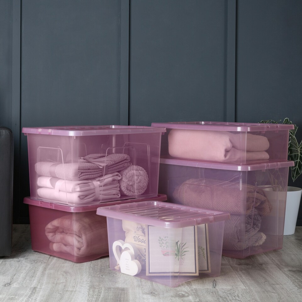 image 1 of Wham Crystal 5 x Multisize Stackable Plastic Storage Boxes with Lids Tint Dusky Orchid Pink