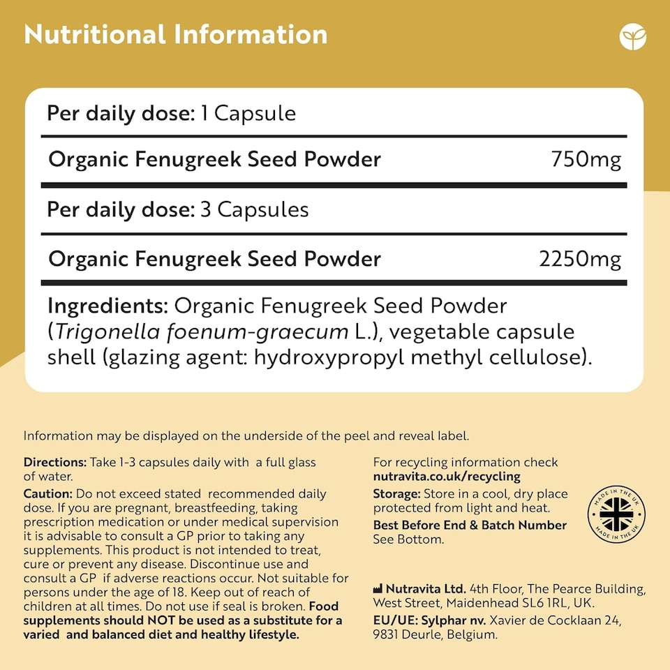 image 1 of Nutravita Organic Fenugreek Capsules - 2250mg Pure Fenugreek Powder - Soil Association Certified, Vegan Supplement - Made in The UK - 240 Capsules