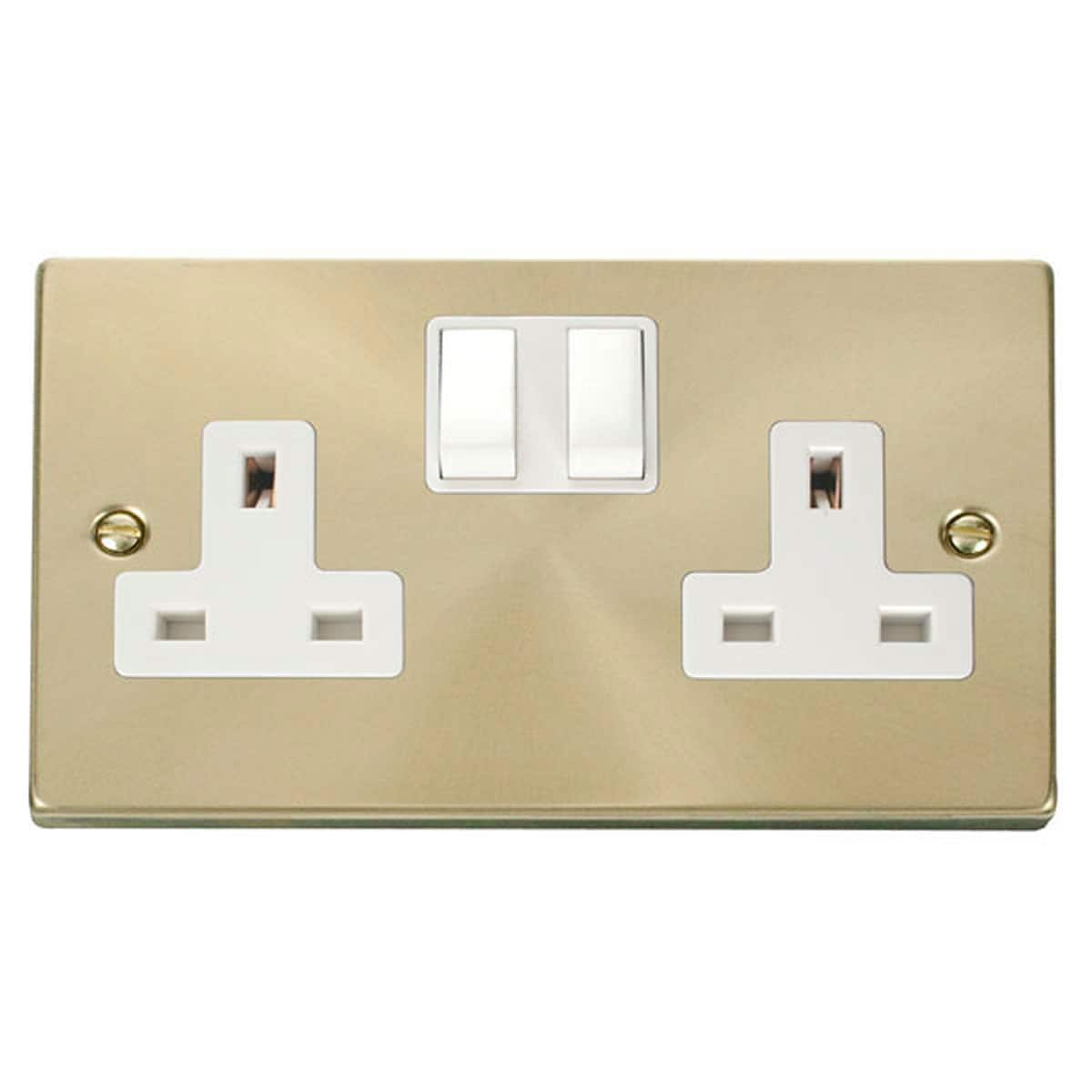 SE HOME Satin Brushed Brass 2 Gang 13A Twin Double Switched Plug Socket Gold Satin Brass