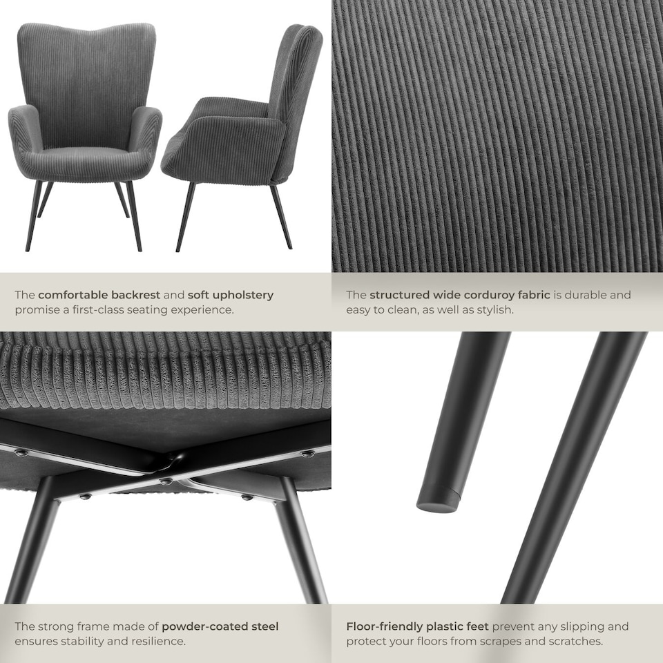 image 1 of Armchair Hygge - padded, armrests and ergonomic backrest, 150 kg load capacity | Grey | Wide cord anthracite/black | One Size | 1