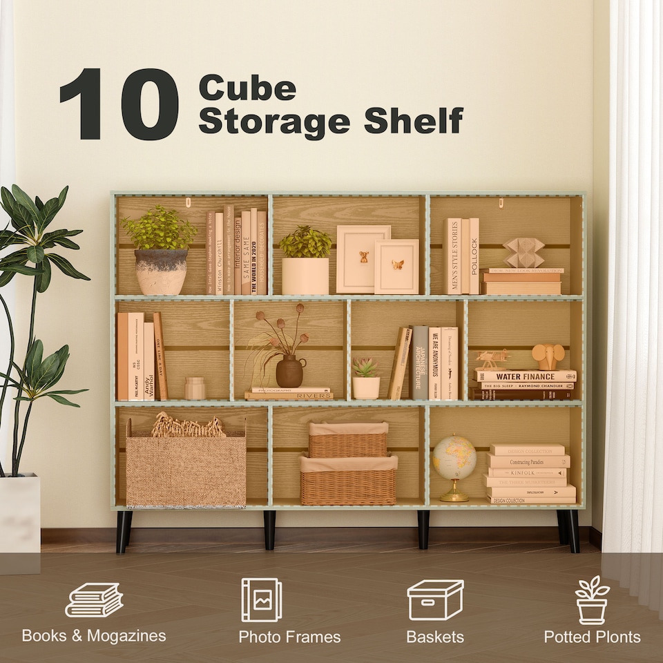 image 1 of HOMCOM 3-Tier Bookshelf with 10 Cubbies, Book Shelf with Wood Legs