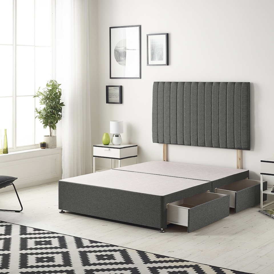 image 1 of Texas Divan Bed Base with 2 Drawers & 30 Inch Headboard Tweed Fabric | Grey | Charcoal