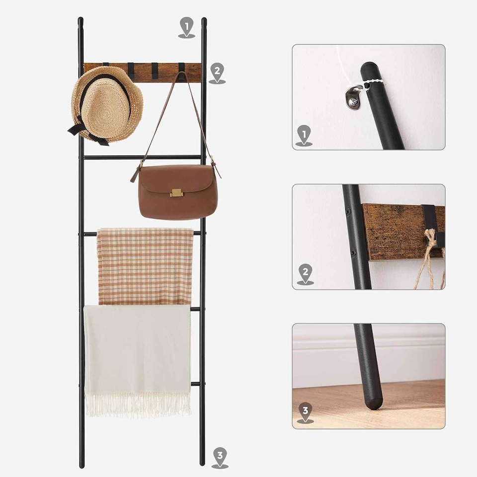 image 1 of Leaning Ladder Shelf with Towel Rack, 5-Tier Display Stand and Hooks, Space-Saving Storage, Rustic Brown and Black