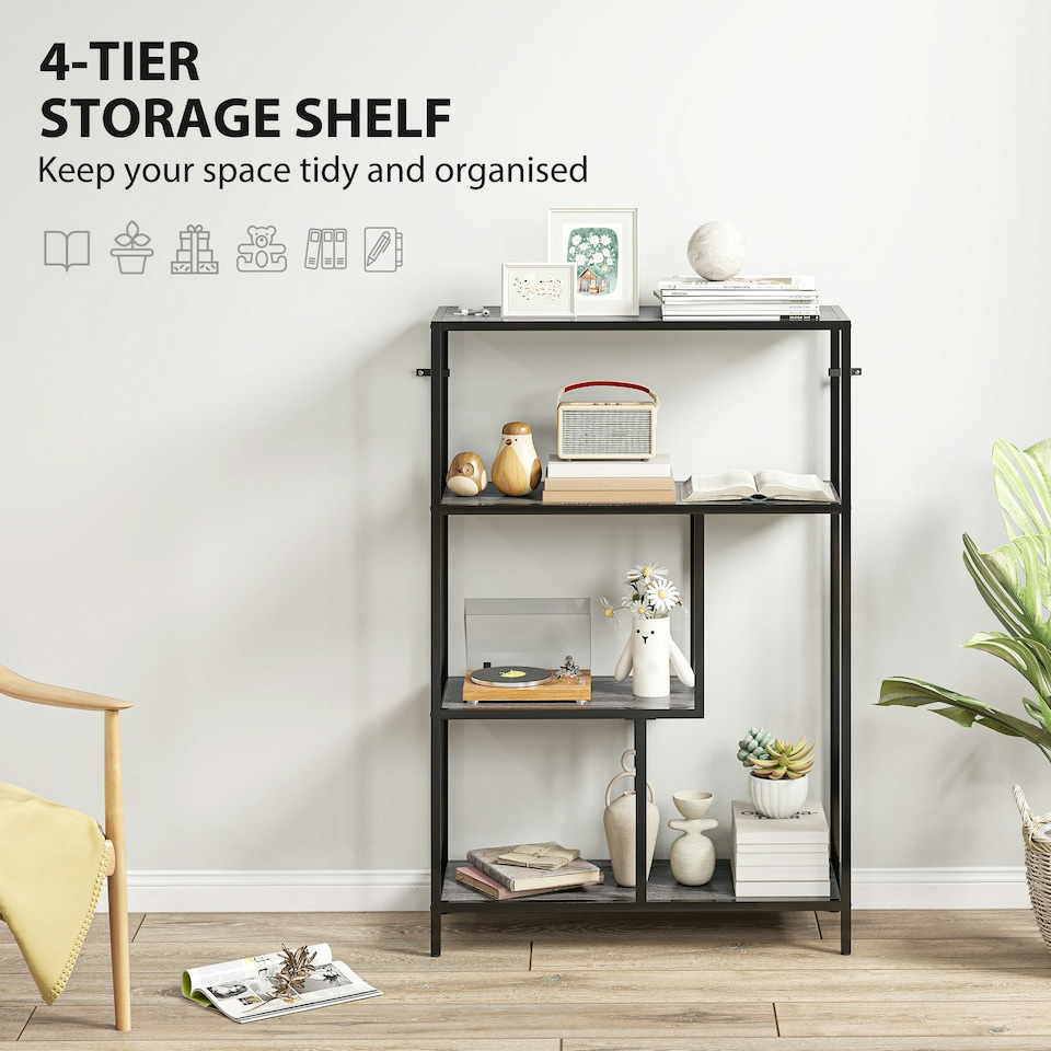 image 1 of HOMCOM Industrial Bookshelf Bookcase w/ Open Shelves for Study | Grey
