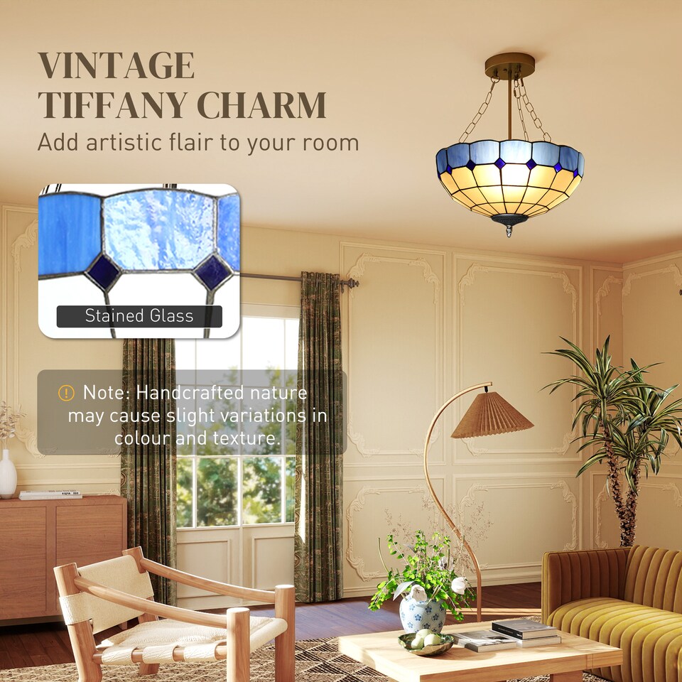 image 1 of HOMCOM Ceiling Light, Vintage Tiffany Style Chandelier with 3 E27 Sockets | Blue
