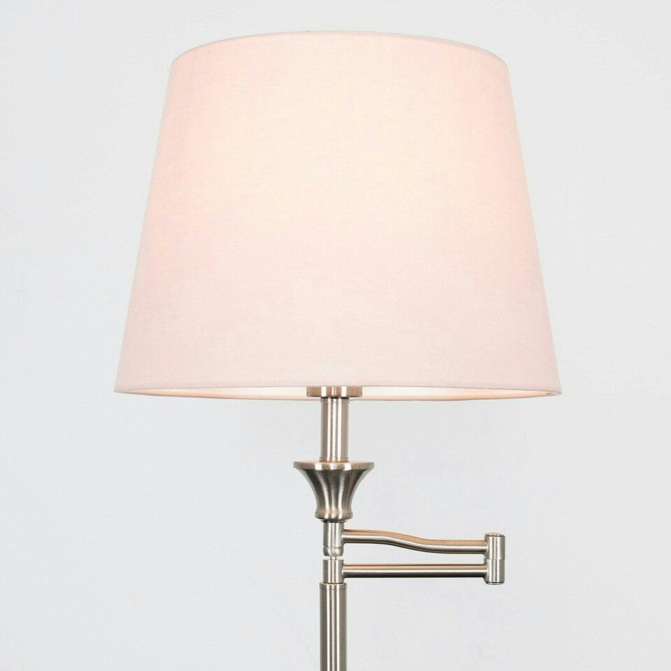 image 1 of ValueLights Sinatra Brushed Silver Floor Lamp with Medium Pink Tapered Shade and LED Bulb