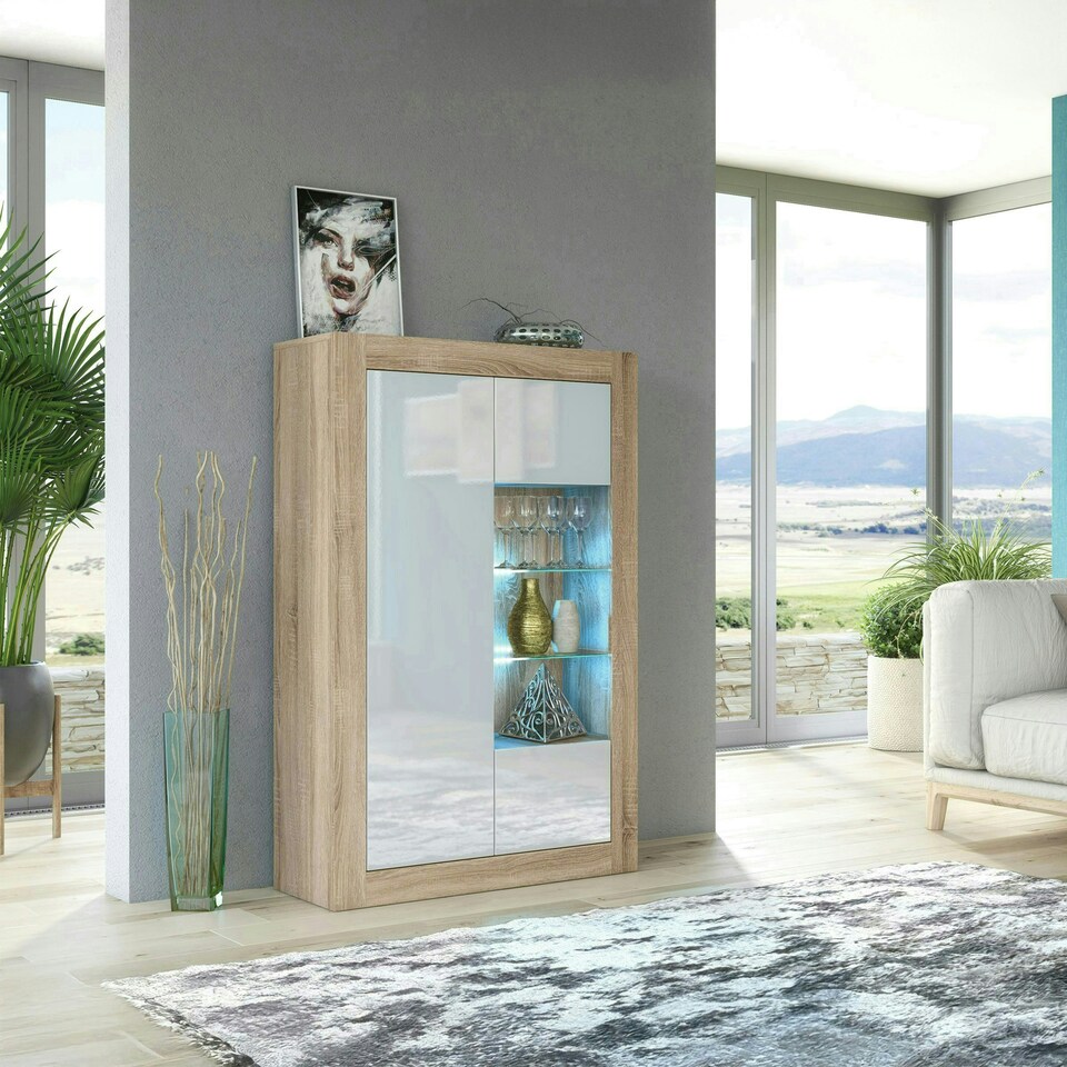 image 1 of Display Cabinet 93cm White Gloss Doors Oak Matt Body Free LED Multi | Oak & White