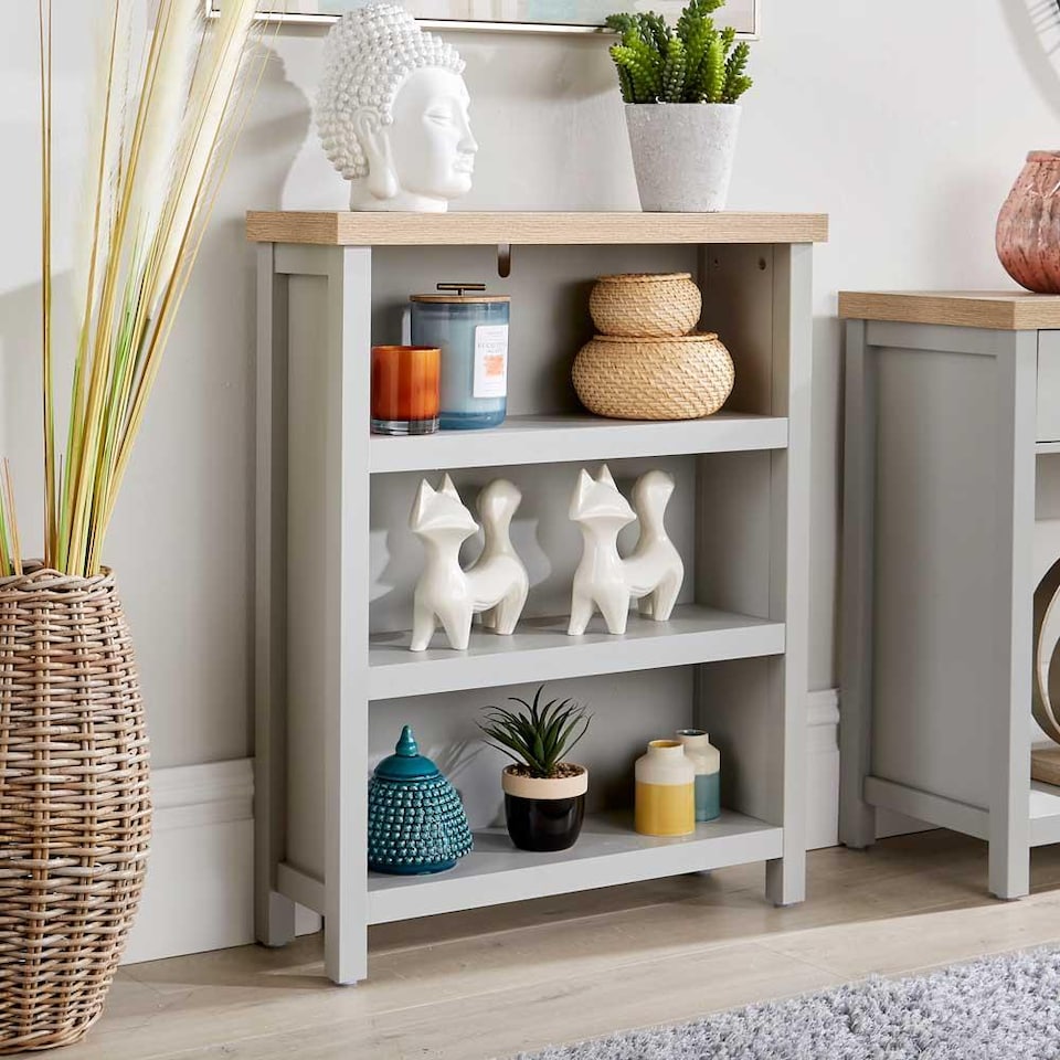 image 1 of Grey Oak Low Bookcase Display Unit 3 Bookshelves DVD Storage Two Tone