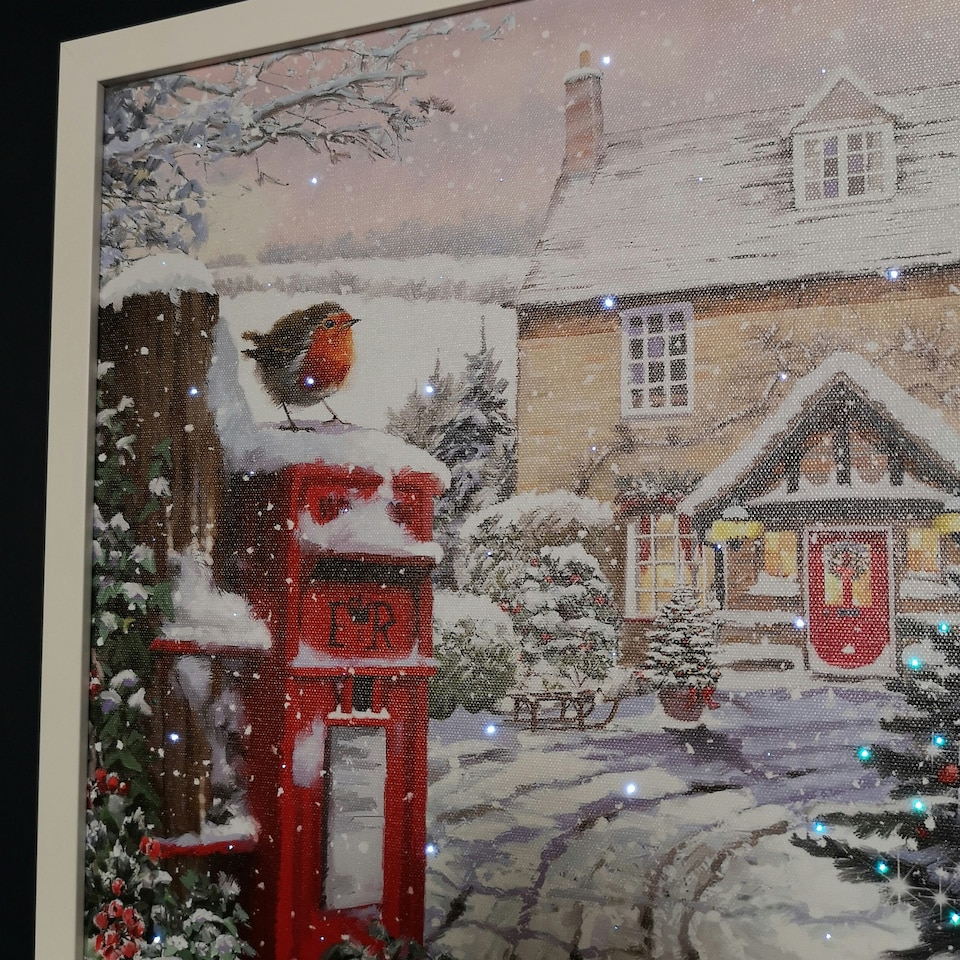image 1 of Battery Operated 40 x 40cm Light up Snowy Christmas Robin Scene Picture Canvas