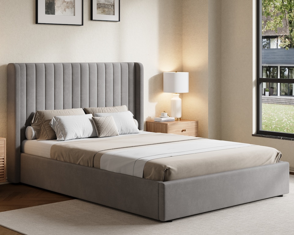 image 1 of Ezysleep Belgravia Velvet Upholstered Gas Lift Ottoman Storage Bed Frame Modern Design | Grey | Silver