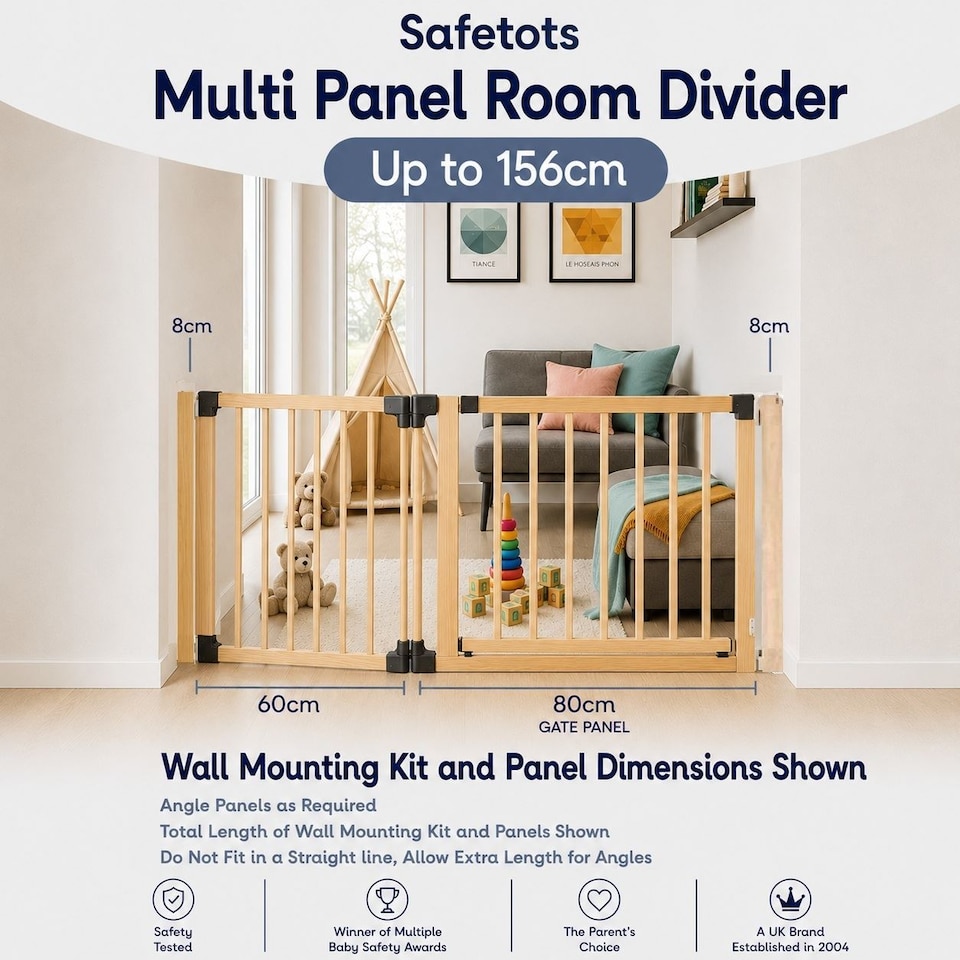image 1 of Safetots Wooden Multi Panel Room Divider, up to 156cm, Natural Wood, 76cm Tall, Flexible Room Divider for Baby and Toddler | Cream | Natural