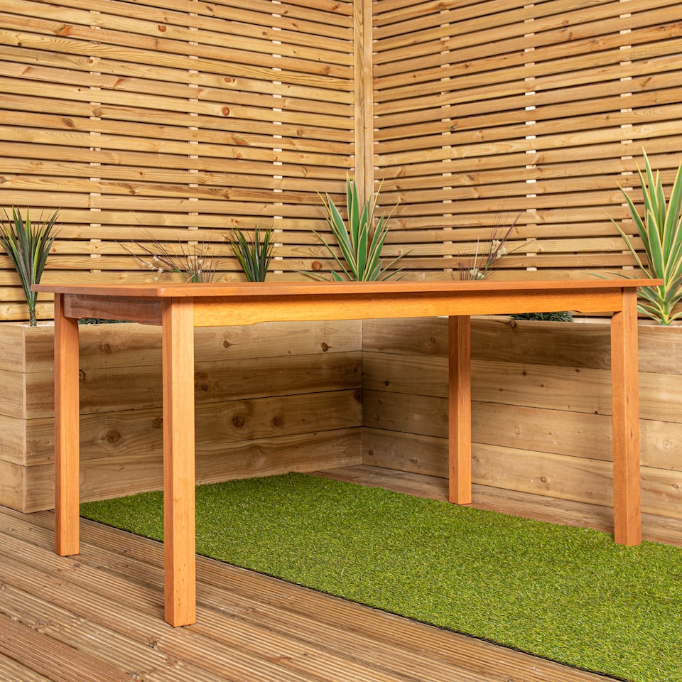 image 1 of Outdoor 6 Person Rectangular Wooden Garden Patio Dining Table Chairs with Green Parasol and Base Set