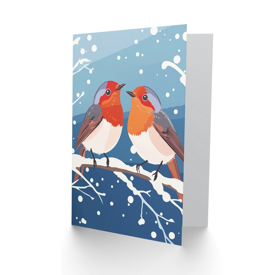 image 1 of Two Robin Birds on Snow Tree Branch Blank For Him Or Her Art Xmas Festive Christmas Card