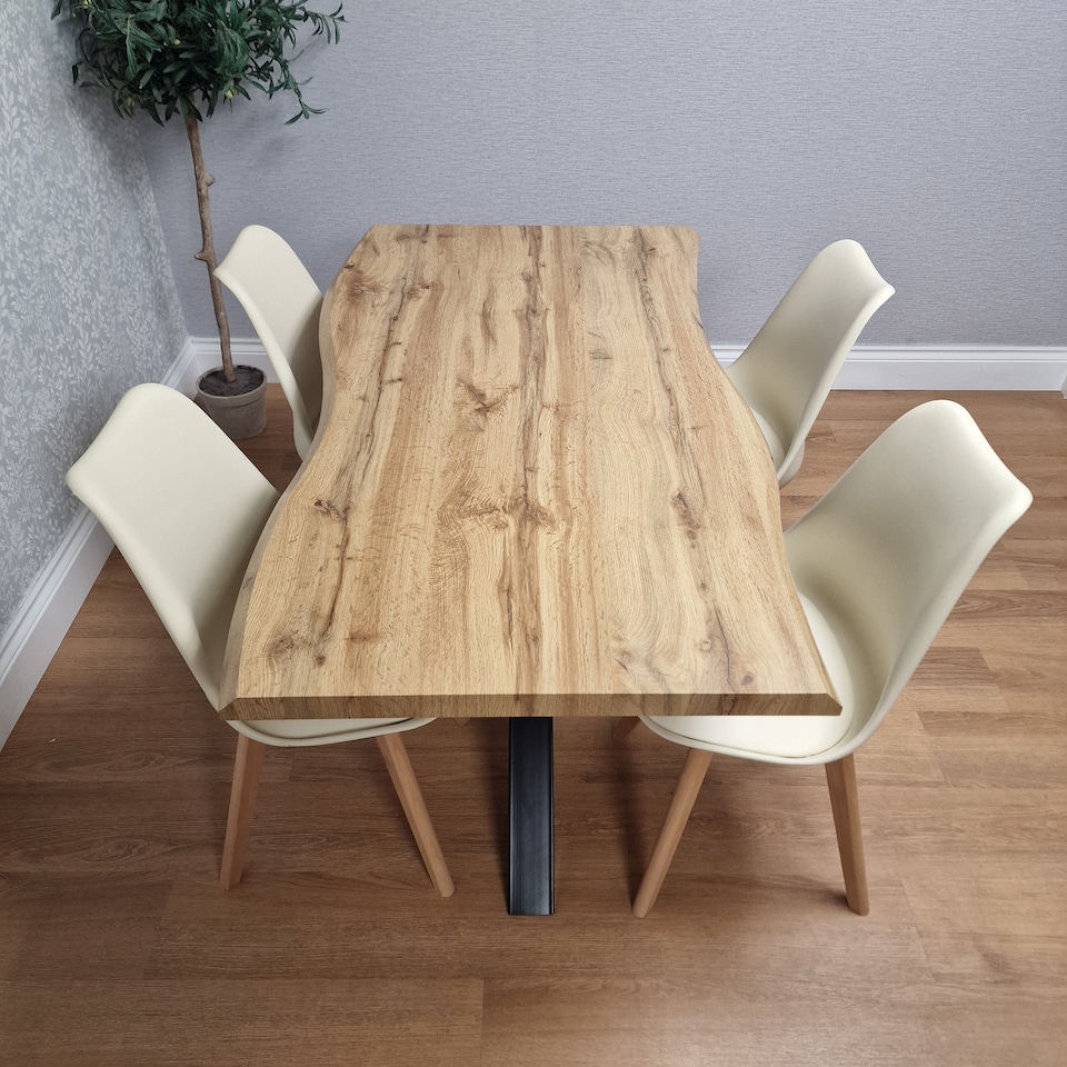 image 1 of Modern Dining Set with 4 Cream Plastic Chairs with Faux Leather Seats Kitchen Dining Furniture