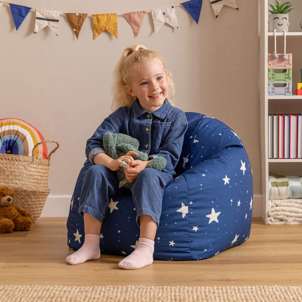 image 1 of Kids Starry Skies Bean Bag Chair Navy Blue Childrens Bean Bags | Blue | Navy Blue | 1