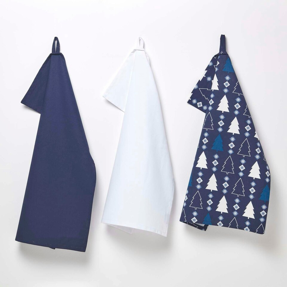 image 1 of Homescapes Blue Winterland Set of 3 Christmas Tea Towels Blue
