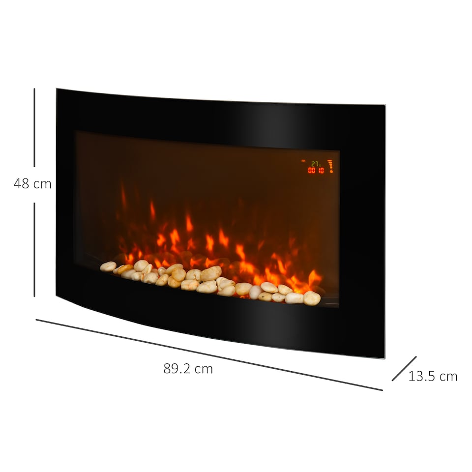 image 1 of HOMCOM Led Wall Mounted Fireplace Curved Glass Electric Fire Place Fire Place 7 Colour Side Lights Slimline, 10002000W, 89.2cm  48cm