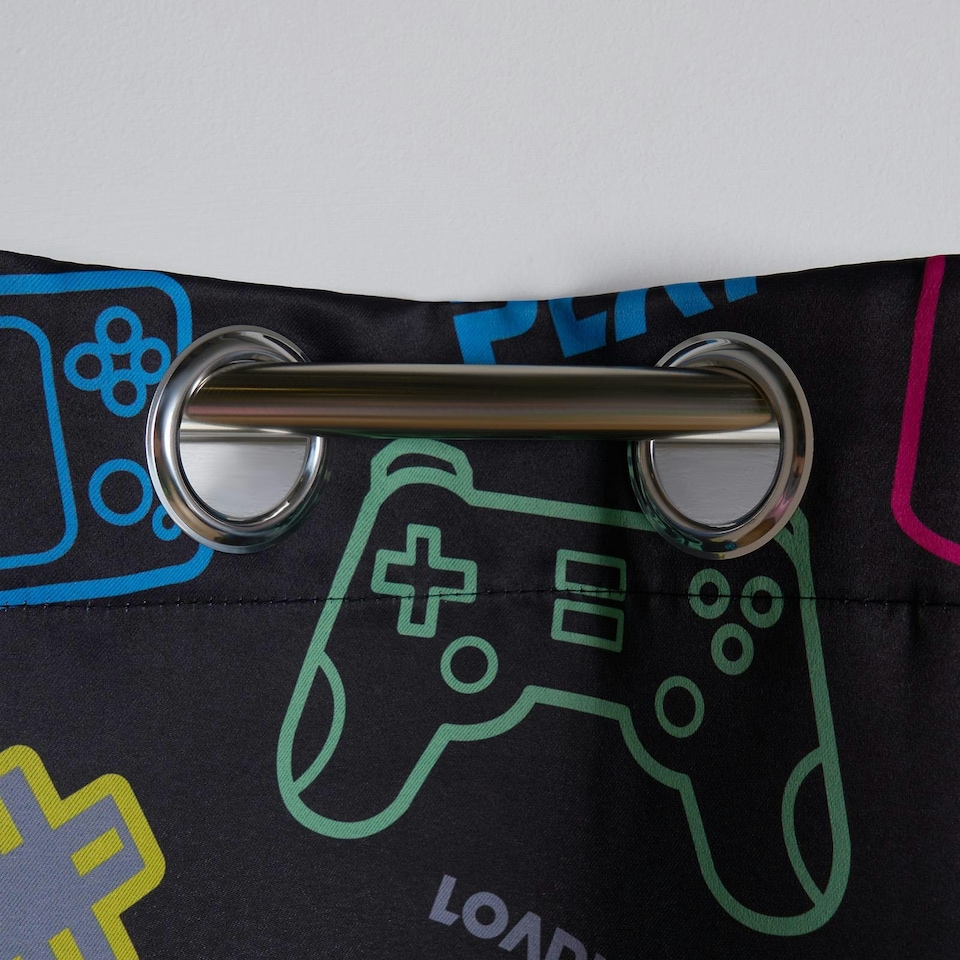 image 1 of OHS Kids Gaming Print Blackout Lined Eyelet Curtains, 46x54" - Black
