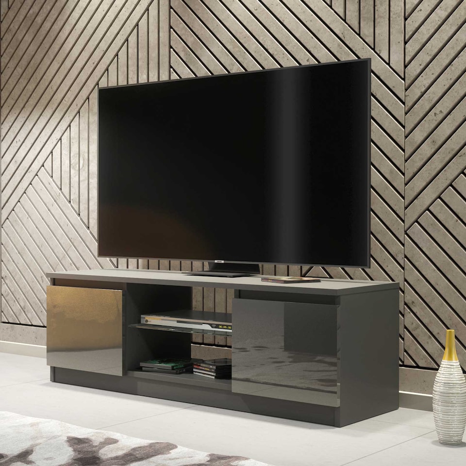 image 1 of TV Unit TV Stand Grey High Gloss Media Console Sideboard Storage Cabinet 120cm