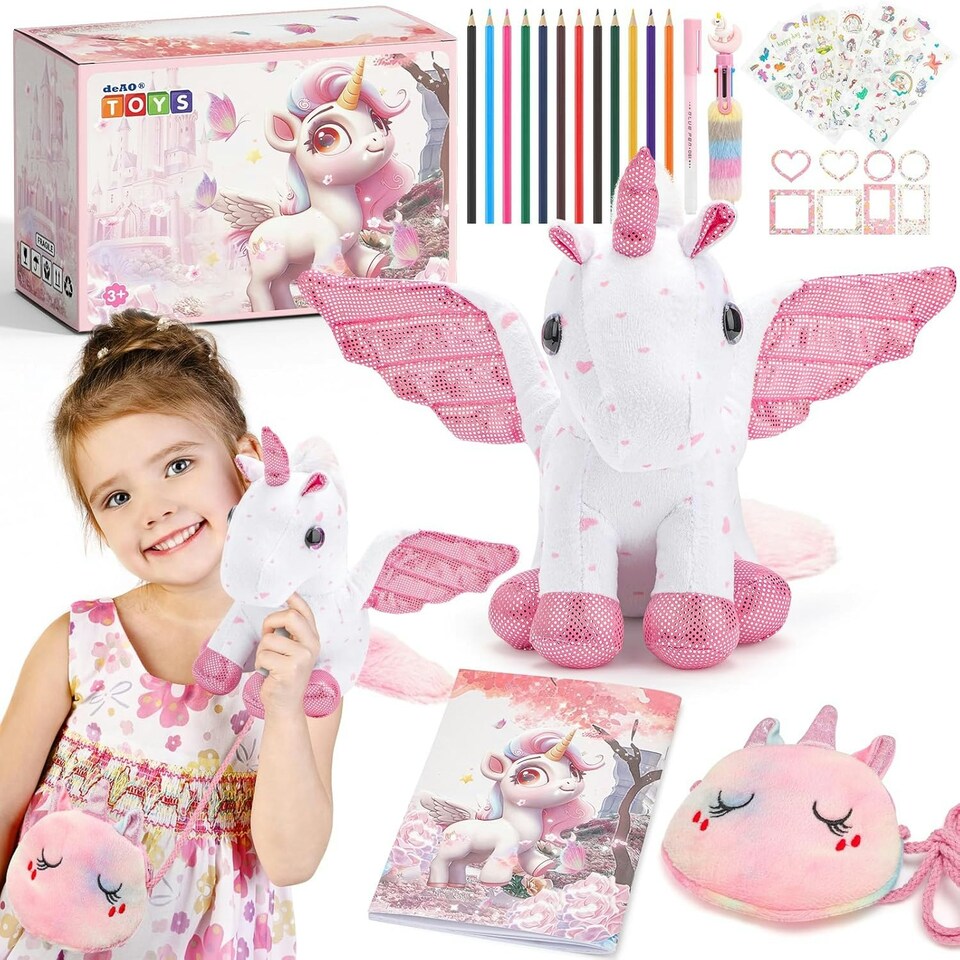 image 1 of Unicorn Plush Toy Set Girls Gift Soft Cuddly Stuffed Animals Toys, Unicorn Soft Toys with CrossBag Brushes Stickers Coloring Book Pink | A5