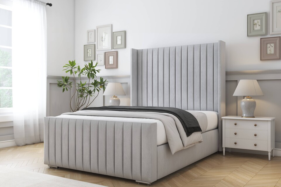 image 1 of Sloomy Marlborough Silver Naples Bed Frame With 50"  Upholstered Wingback Headboard 4'6 Double