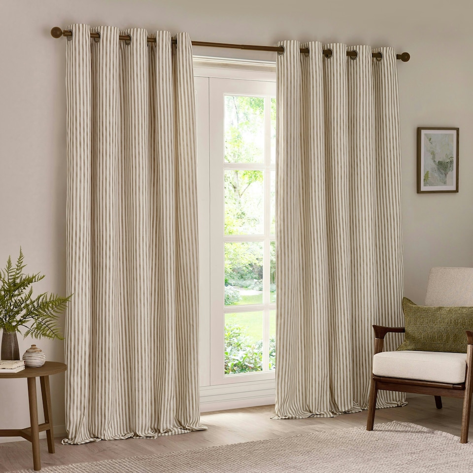 image 1 of Yard Hebden Striped Cotton Natural Eyelet Curtains 117 x 137cm