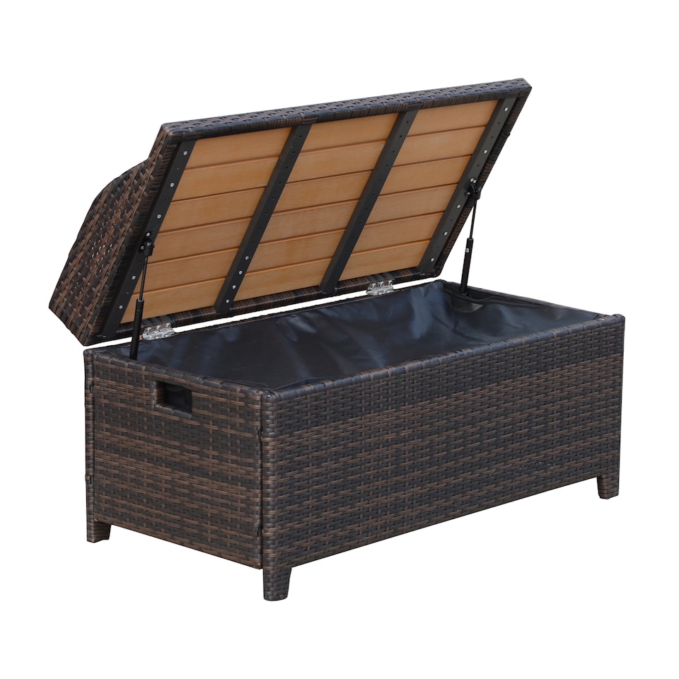 image 1 of Outsunny PE Rattan Outdoor Storage Bench, Aluminium Garden Bench with Storage Underneath with Zipped Inner Lining, Rods for Deck, Mixed Brown