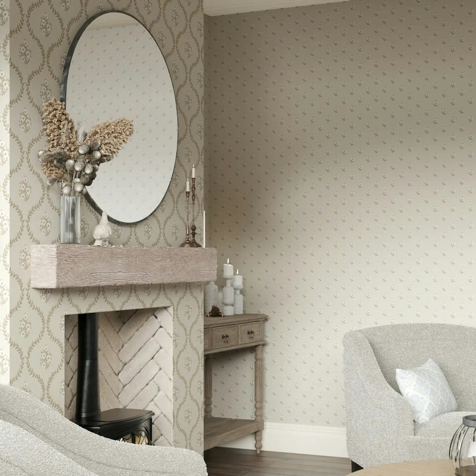 image 1 of Ditsy Posy Wallpaper in Taupe on Cream Multi