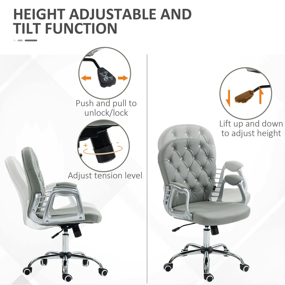 image 1 of Vinsetto Office Chair PU Diamante Padded Ergonomic 360° Swivel Grey