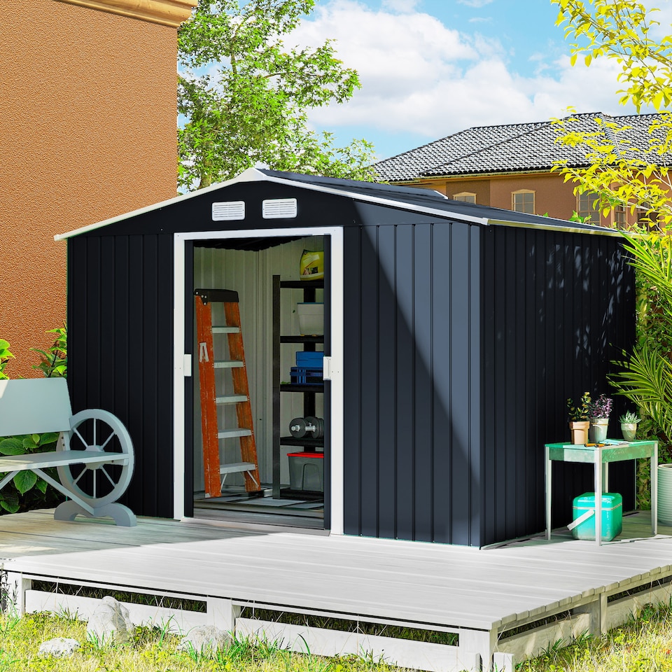 image 1 of Outsunny 9 x 6ft Metal Garden Shed, Outdoor Storage Tool House with Ventilation Slots, Foundation Kit and Lockable Double Doors, Dark Grey