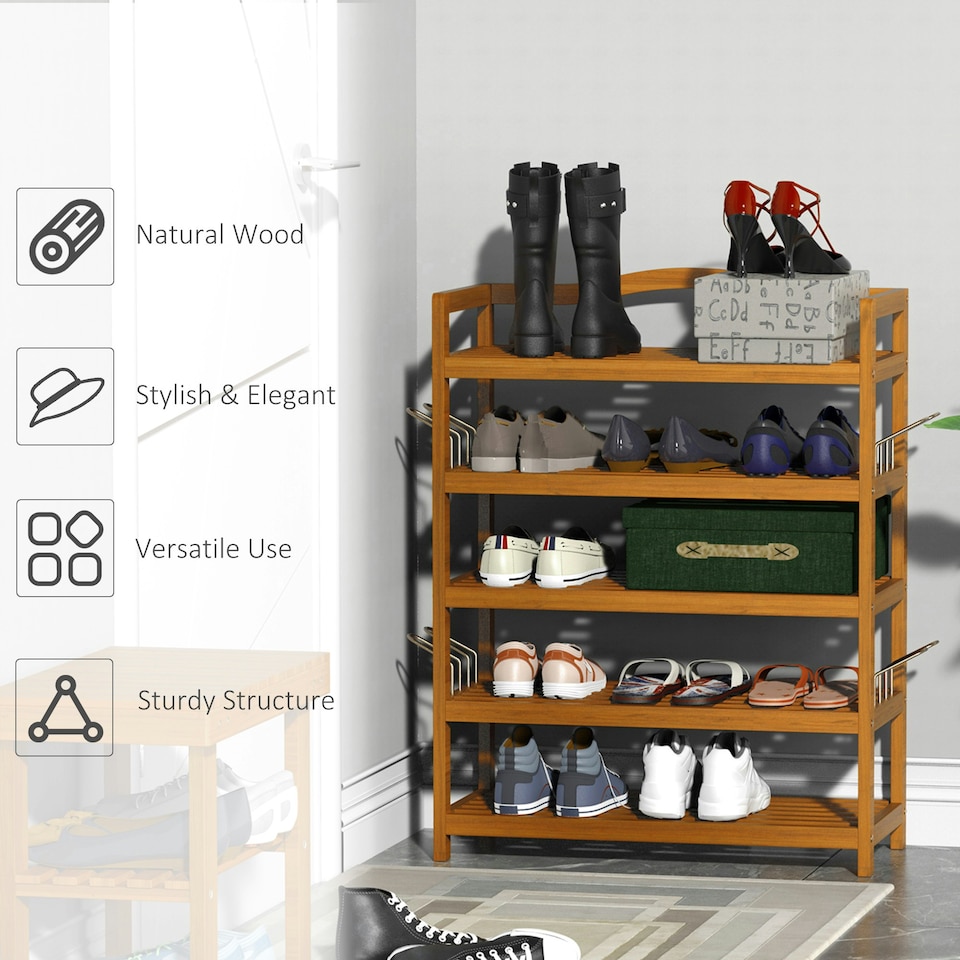image 1 of HOMCOM 5-Tier Shoe Rack Acacia Wood Shoe Storage Shelf for Entryway Bedroom Teak