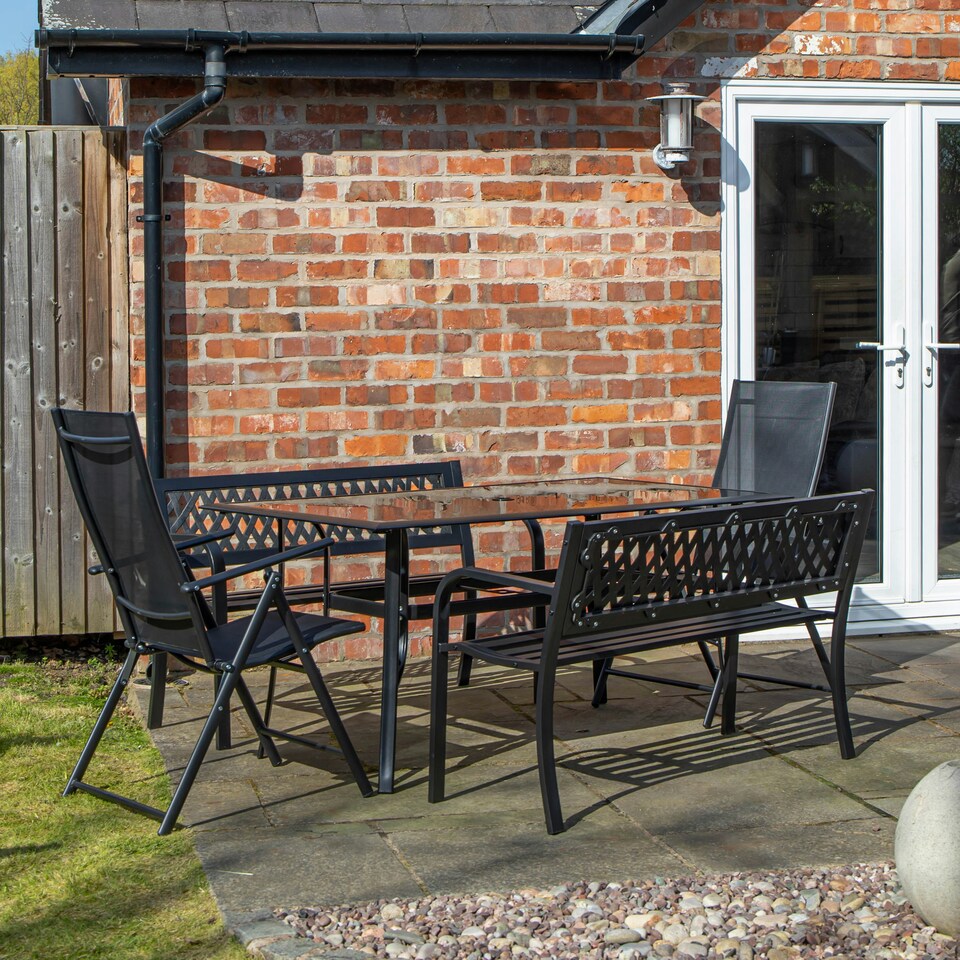 image 1 of Outdoor 6 Person Rectangular Glass Top Garden Dining Table Benches & Chairs Set